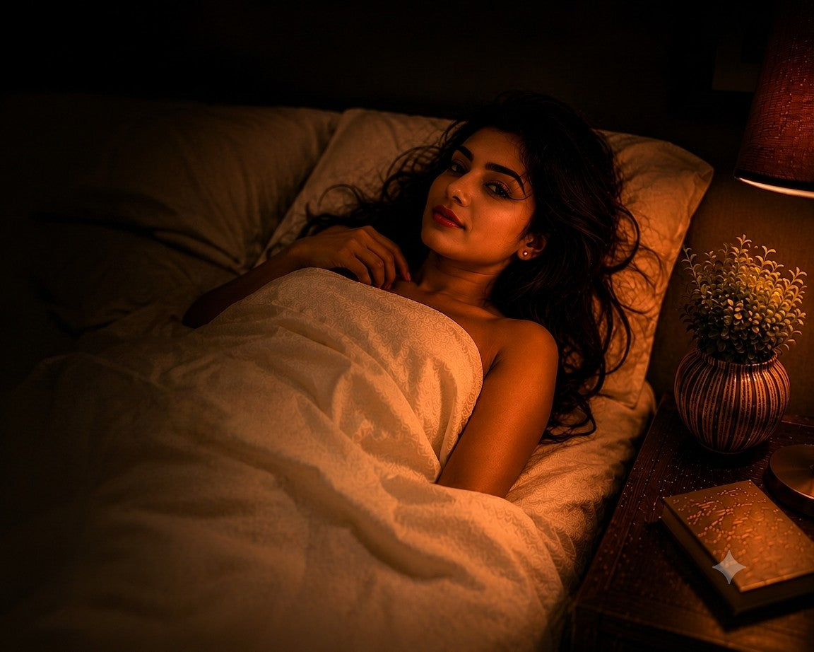 An intimate, warmly lit bedroom scene — a woman glancing back over her shoulder beside a bedside lamp and plant.