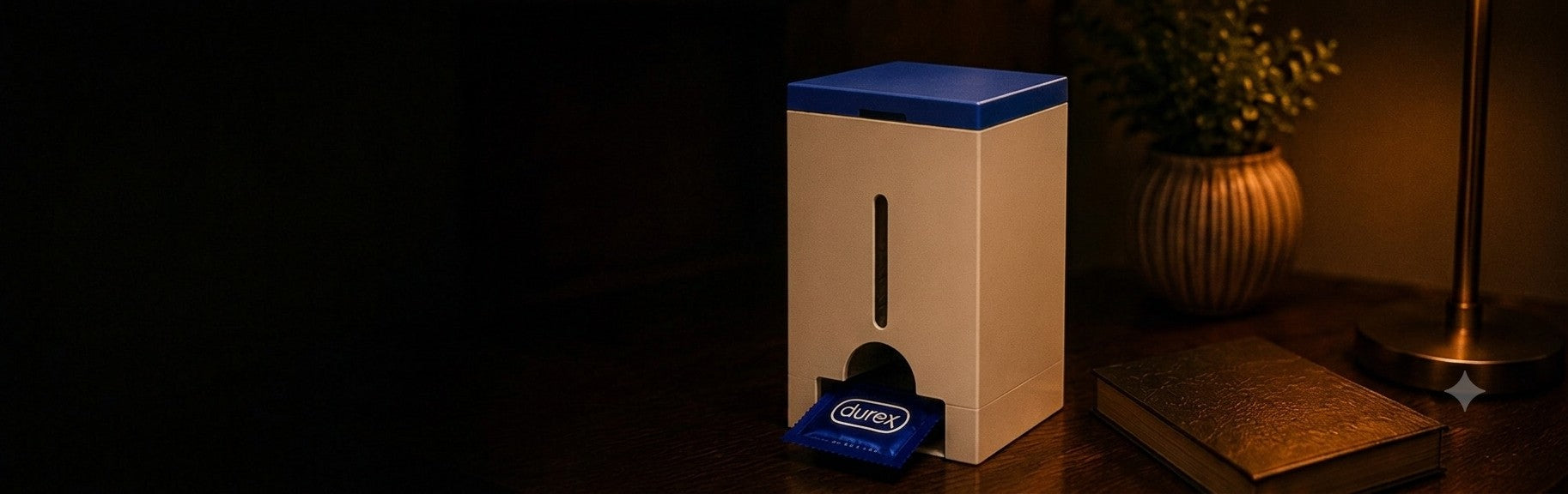 The Kaaman Dreams dispenser on a bedside table, dispensing a Durex sachet from its front slot.