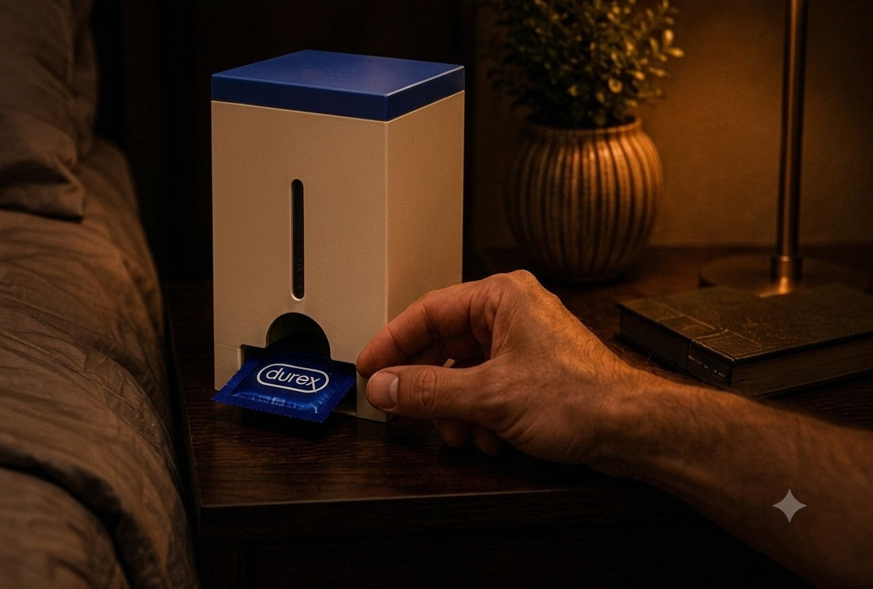 A hand pulling a sachet from the Kaaman Dreams dispenser in one smooth motion.