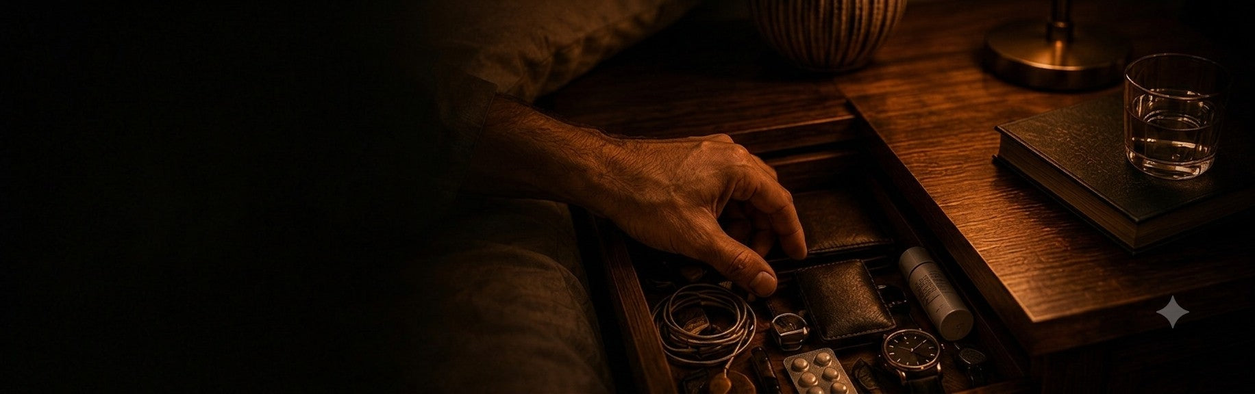 A hand searching through a cluttered bedside drawer at night — the problem Kaaman Dreams removes.